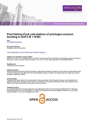 Post Hartree-Fock Calculations of Pnictogen-Uranium Bonding in EUF3 (E = N-Bi)