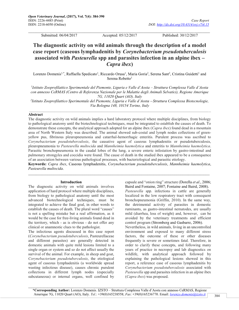 Caseous Lymphadenitis by Corynebacterium Pseudotuberculosis Associated with Pasteurella Spp and Parasites Infection in an Alpine Ibex – Capra Ibex)