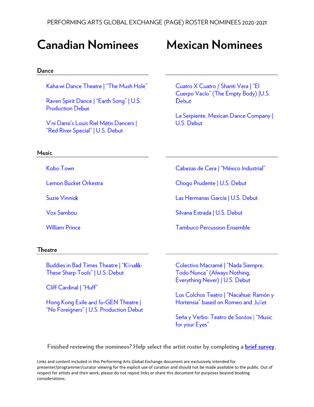 Links and Content Included in This Performing Arts Global Exchange Document Are Exclusively Intended for Presenter/Programmer/Cu