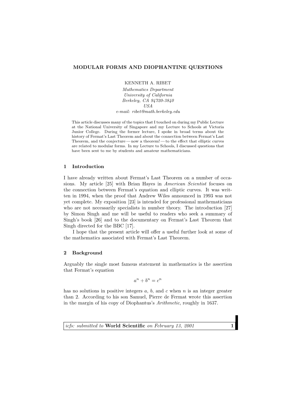 Modular Forms and Diophantine Questions