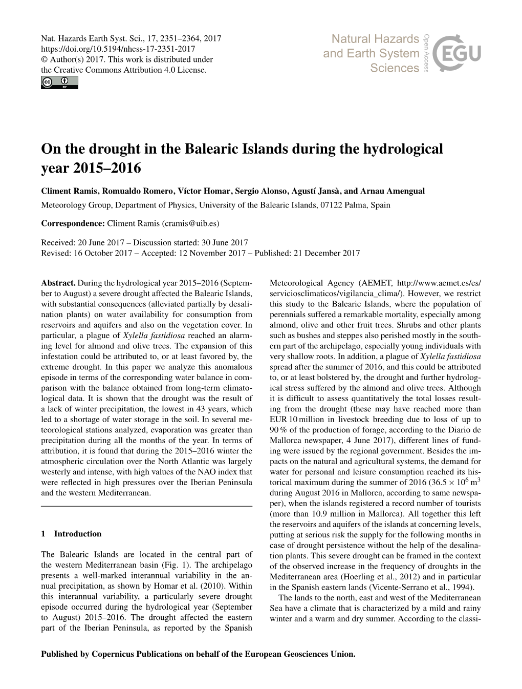 On the Drought in the Balearic Islands During the Hydrological Year 2015–2016
