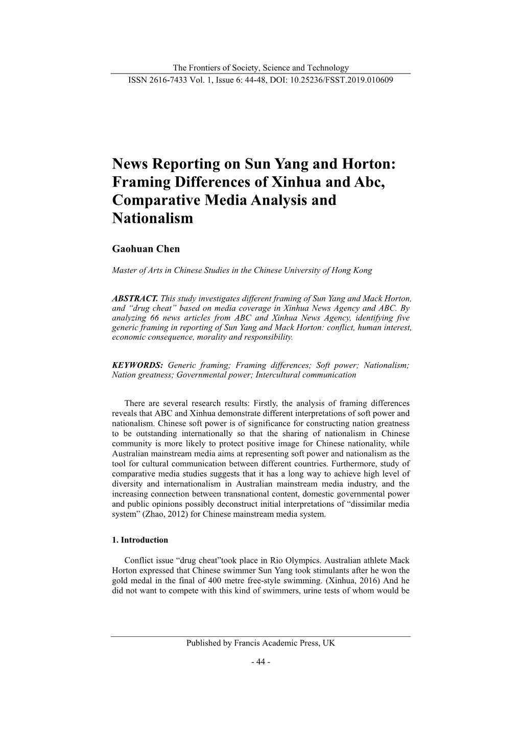 News Reporting on Sun Yang and Horton: Framing Differences of Xinhua and Abc, Comparative Media Analysis and Nationalism