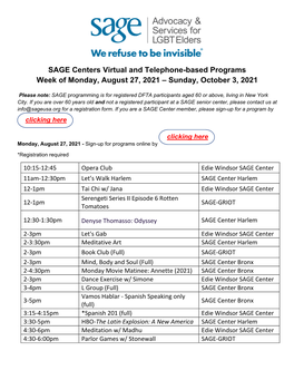 SAGE Centers Virtual and Telephone-Based Programs Week of Monday, August 27, 2021 – Sunday, October 3, 2021