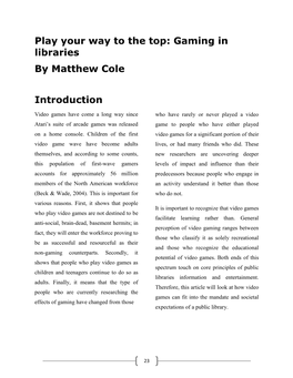 Gaming in Libraries by Matthew Cole Introduction