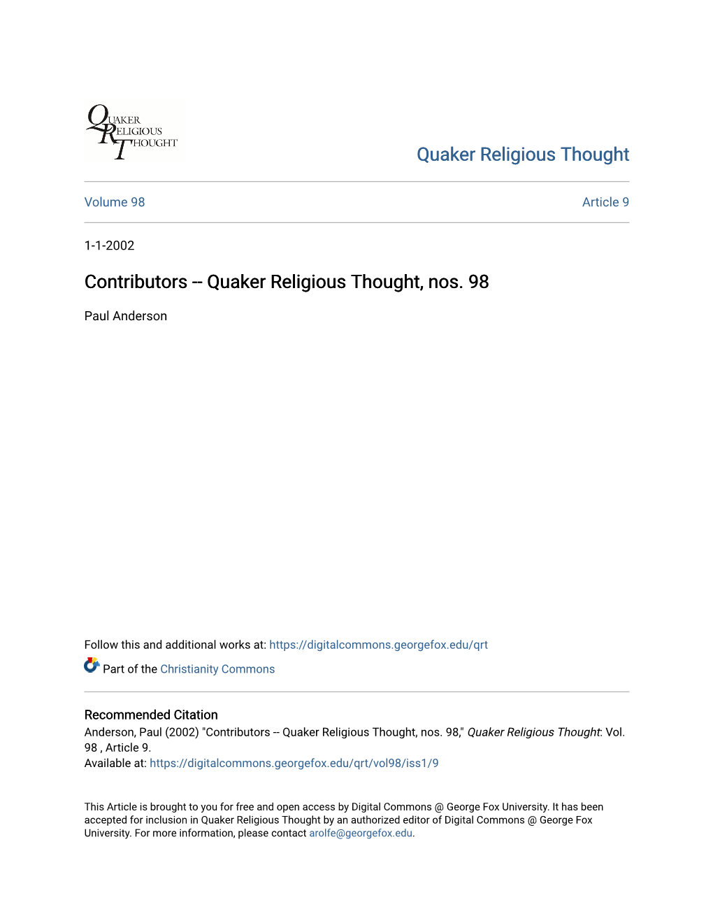 Quaker Religious Thought, Nos. 98