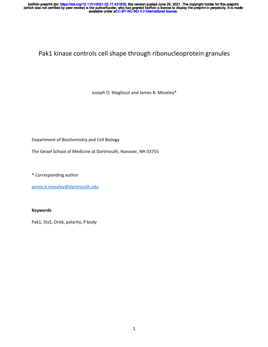 Pak1 Kinase Controls Cell Shape Through Ribonucleoprotein Granules