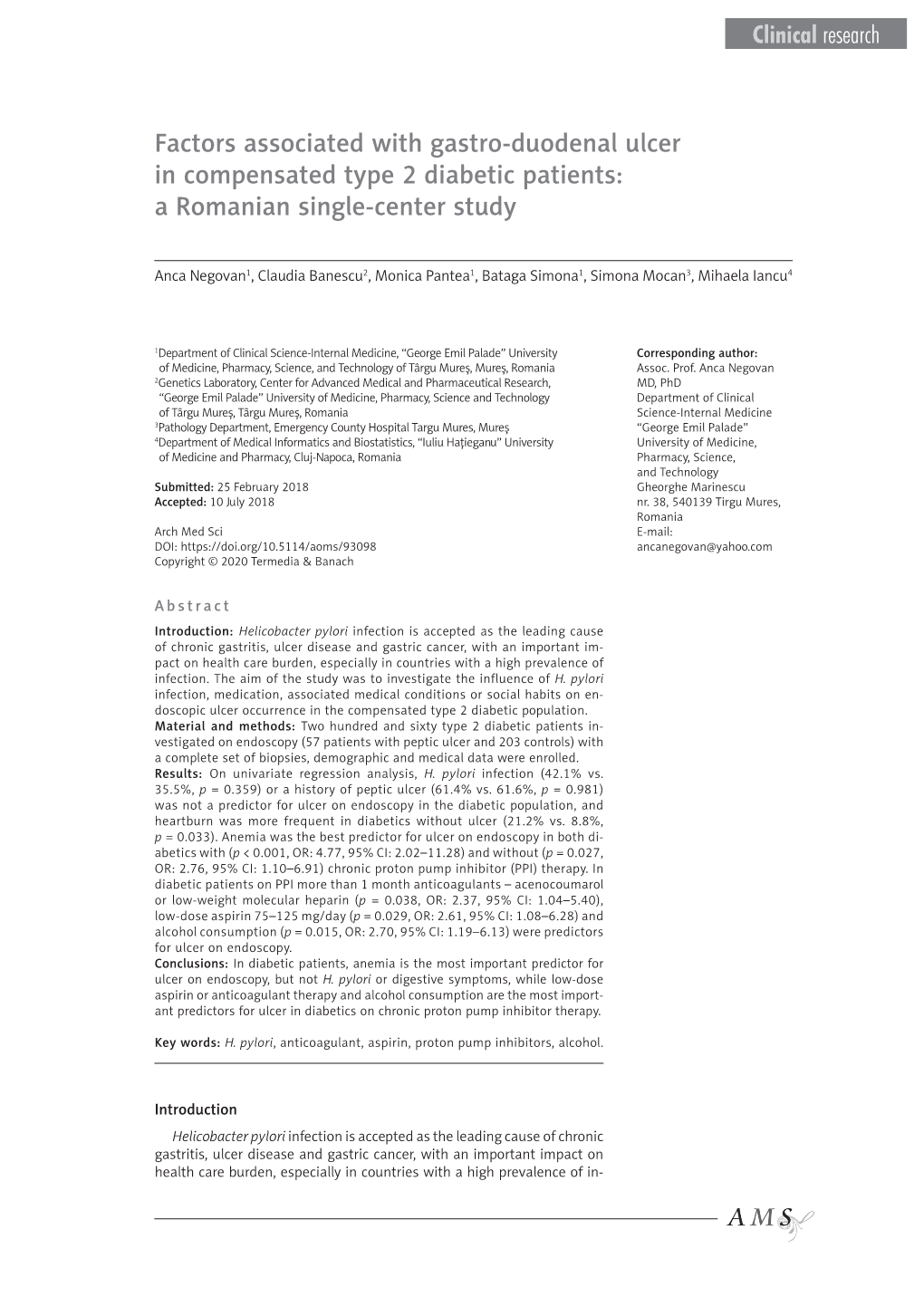 Factors Associated with Gastro-Duodenal Ulcer in Compensated Type 2 Diabetic Patients: a Romanian Single-Center Study