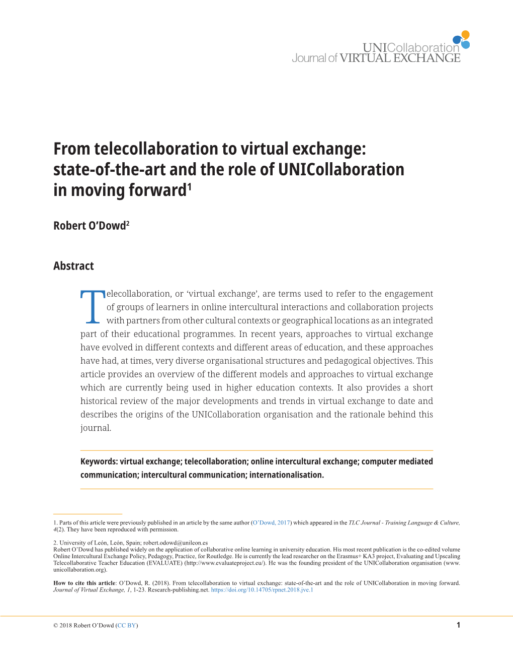 From Telecollaboration to Virtual Exchange: State-Of-The‑Art and the Role of Unicollaboration in Moving Forward1
