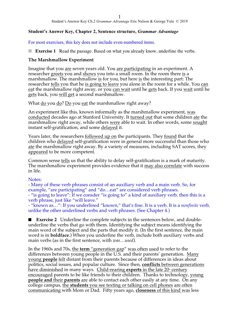 1 Student's Answer Key, Chapter 2, Sentence Structure, Grammar Advantage for Most Exercises, This Key Does Not Include Even-Nu