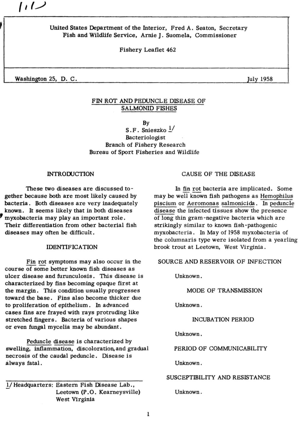 United States Department of the Interior, Fred A. Seaton, Secretary Fish and Wildlife Service, Arnie J. Suomela, Commissioner Fi