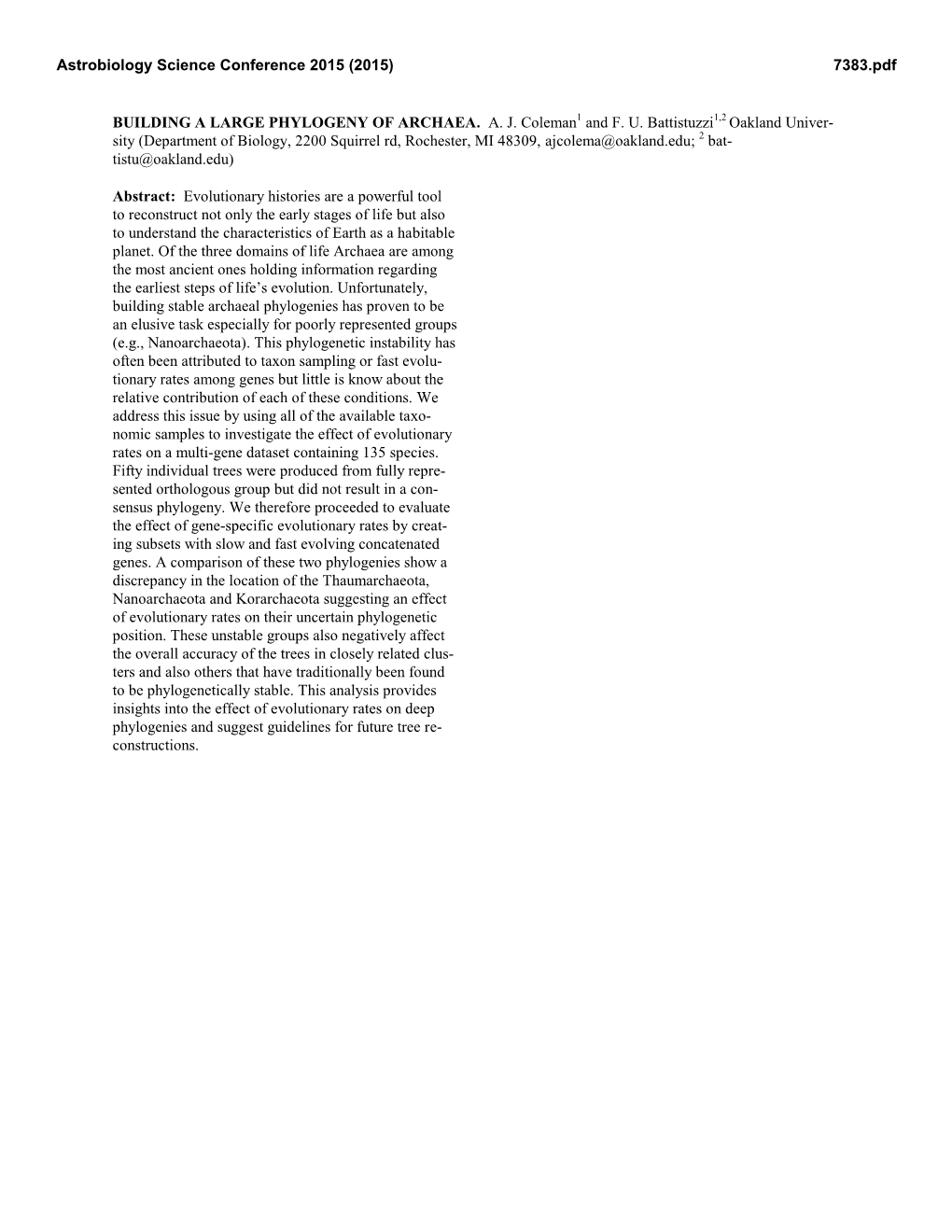 BUILDING a LARGE PHYLOGENY of ARCHAEA. A. J. Coleman1 and F. U. Battistuzzi1,2 Oakland Univer- Sity (Department of Biology, 2200