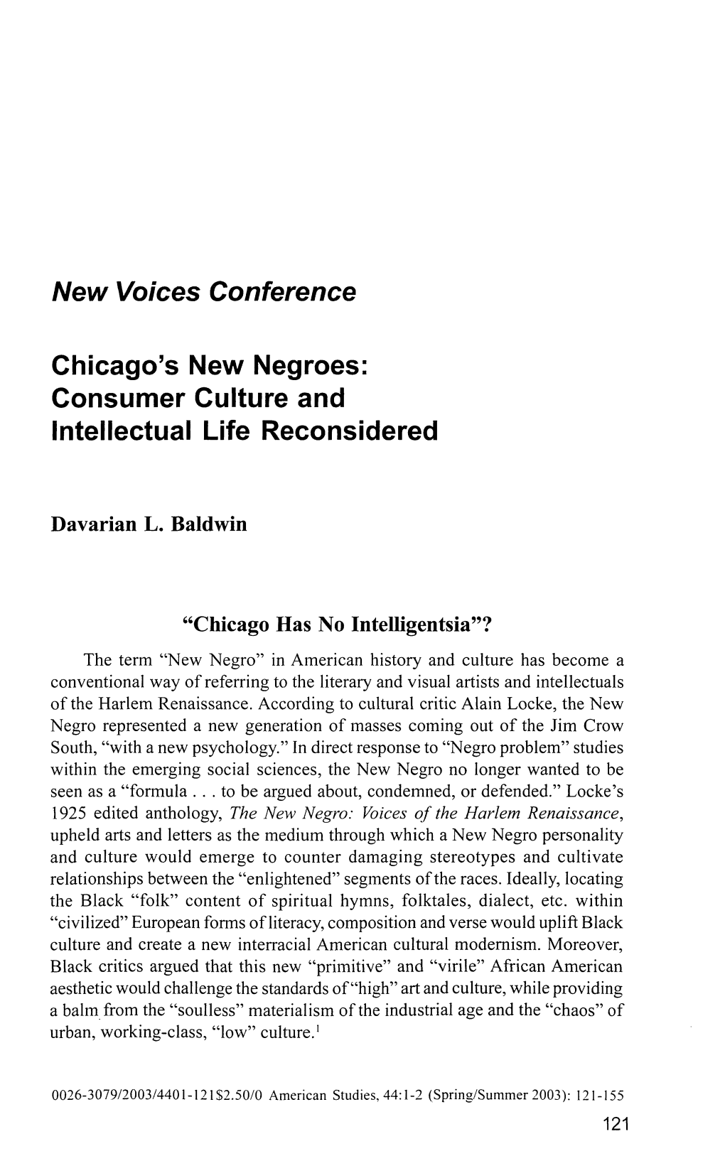 Chicago's New Negroes: Consumer Culture and Intellectual Life Reconsidered