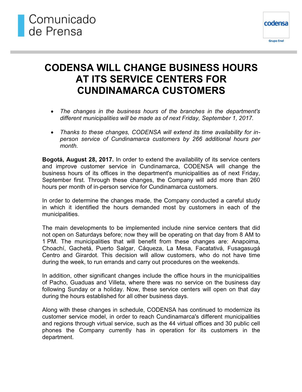 Codensa Will Change Business Hours at Its Service Centers for Cundinamarca Customers