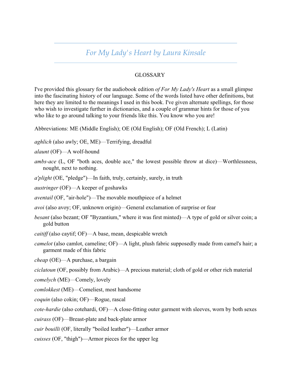 For My Lady's Heart by Laura Kinsale