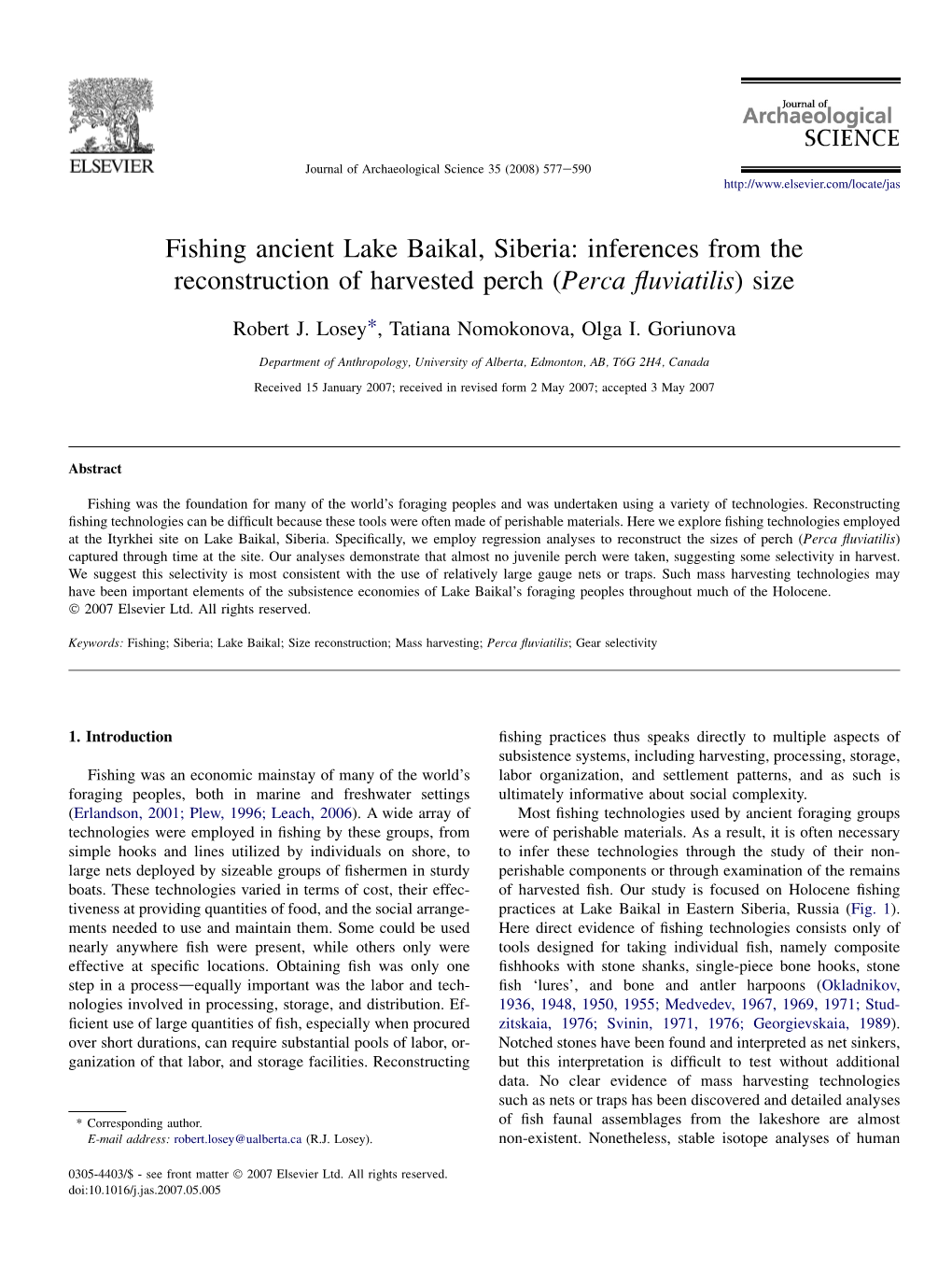 Fishing Ancient Lake Baikal, Siberia: Inferences from the Reconstruction of Harvested Perch (Perca ﬂuviatilis) Size