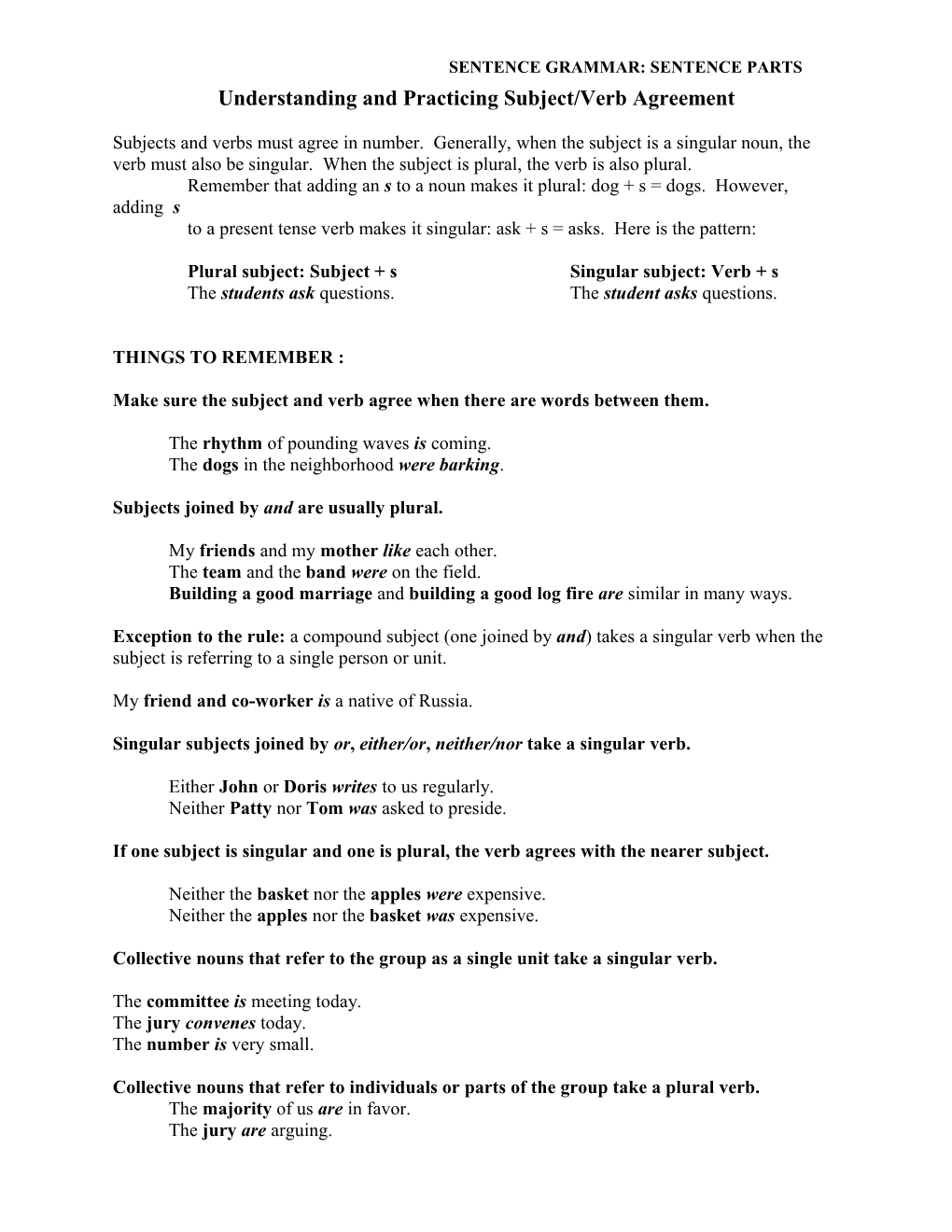 Understanding Subject/Verb Agreement