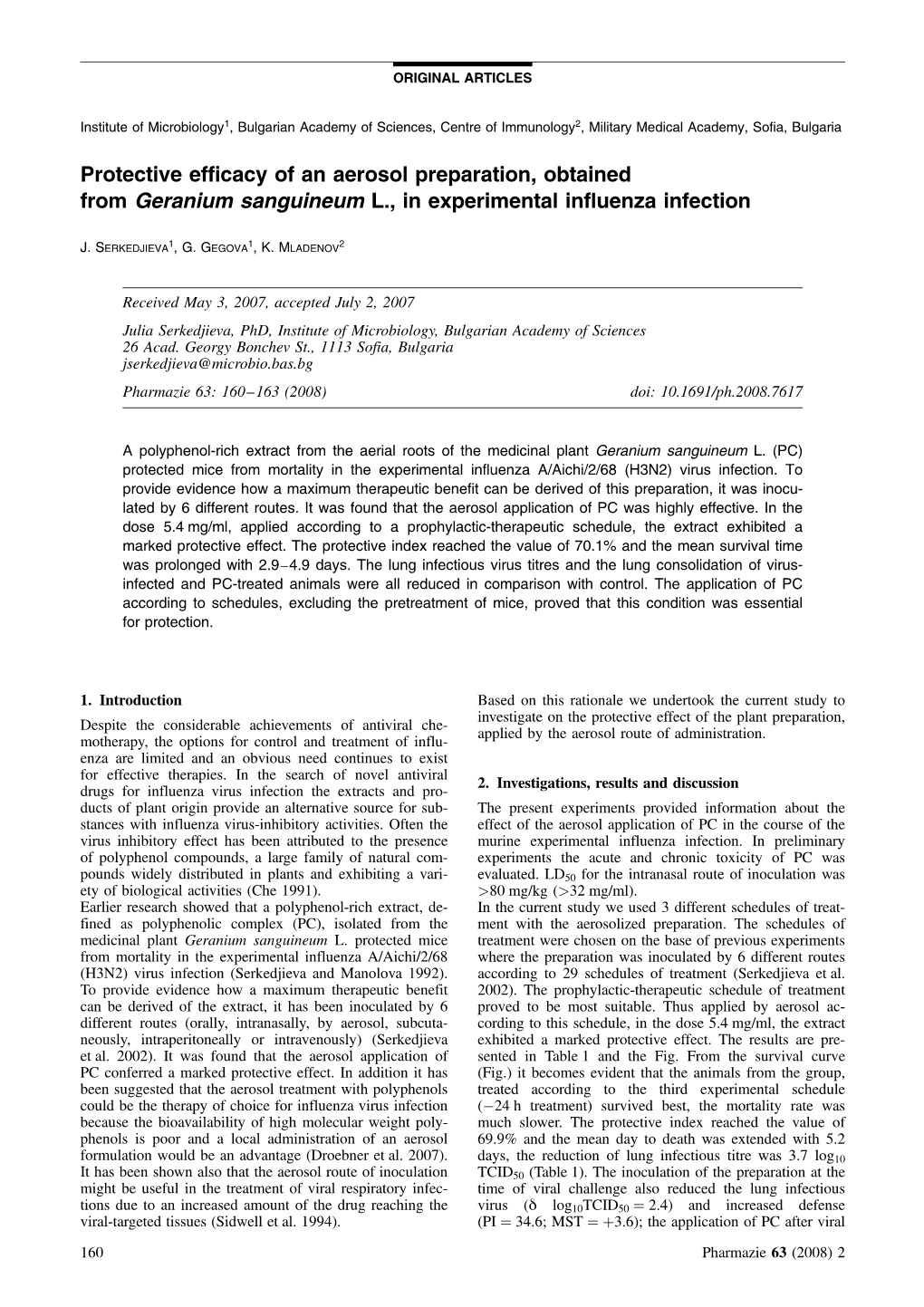 Protective Efficacy of an Aerosol Preparation, Obtained from Geranium Sanguineum L., in Experimental Influenza Infection