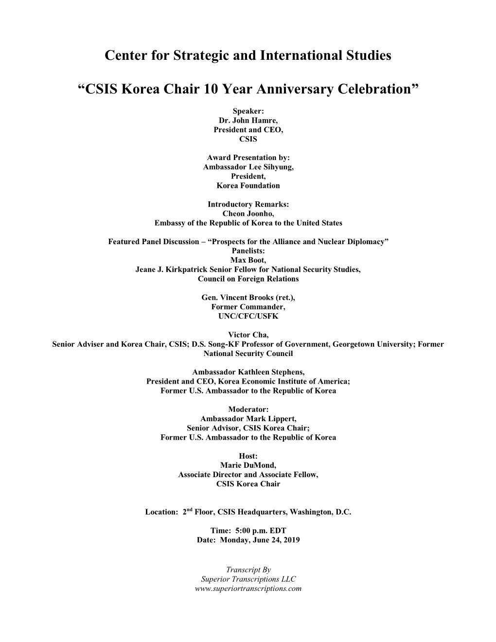 CSIS Korea Chair 10 Year Anniversary Celebration”