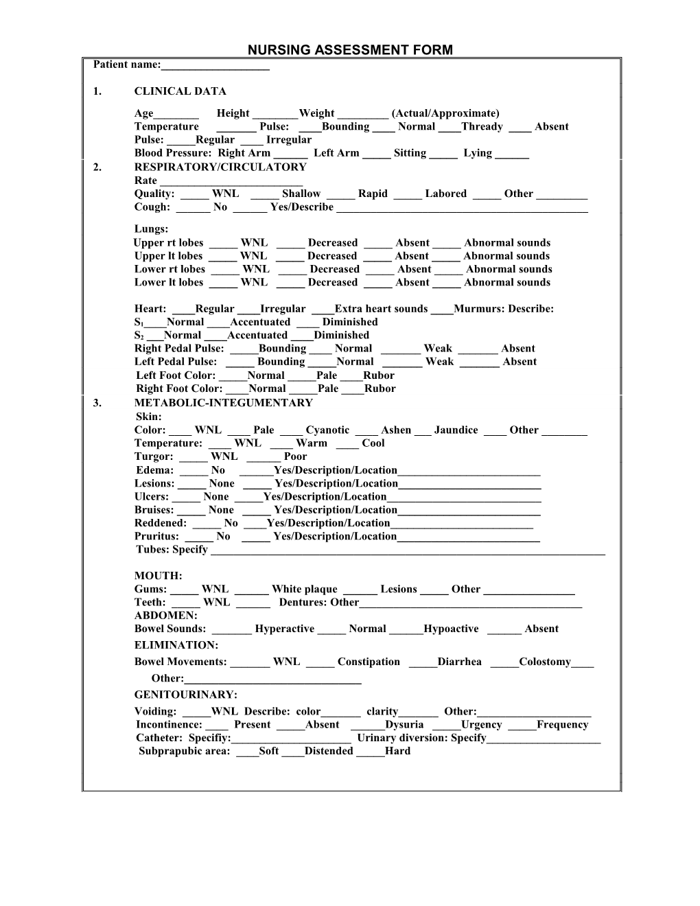 Nursing Assessment Form