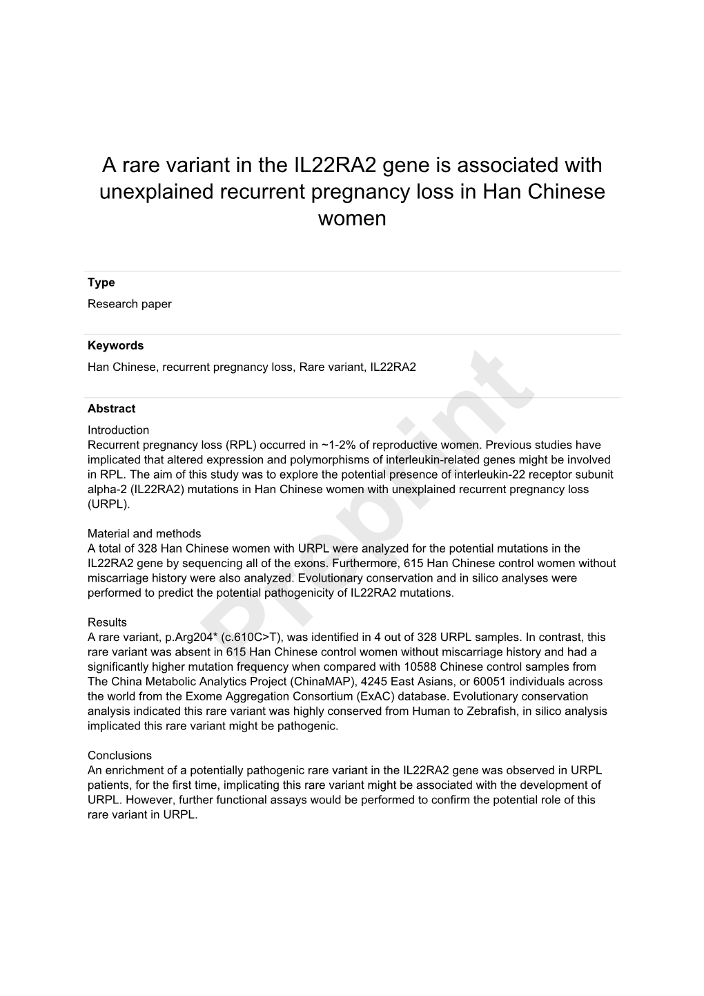 A Rare Variant in the IL22RA2 Gene Is Associated with Unexplained Recurrent Pregnancy Loss in Han Chinese Women