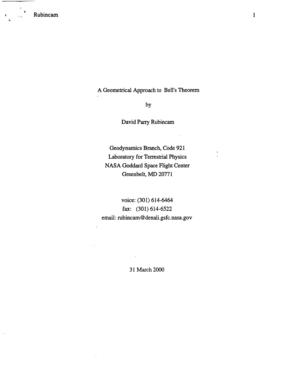 Rubincam I a Geometrical Approach to Bell's Theorem by David Parry