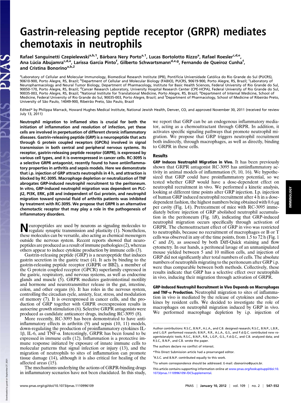 Gastrin-Releasing Peptide Receptor (GRPR) Mediates Chemotaxis in Neutrophils