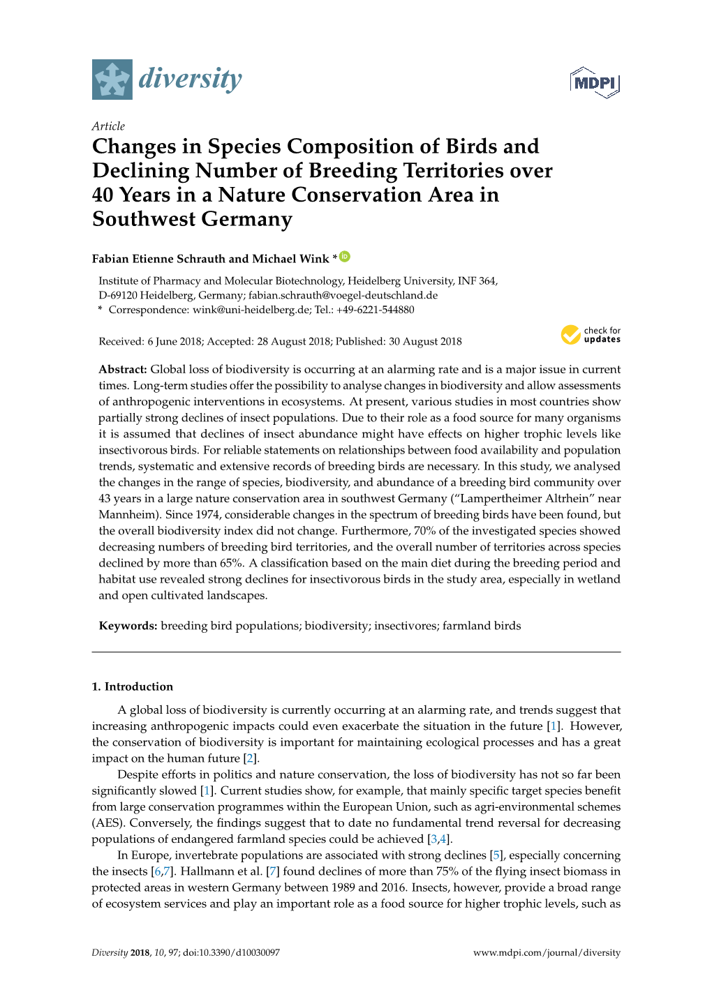 Changes in Species Composition of Birds and Declining Number of Breeding Territories Over 40 Years in a Nature Conservation Area in Southwest Germany