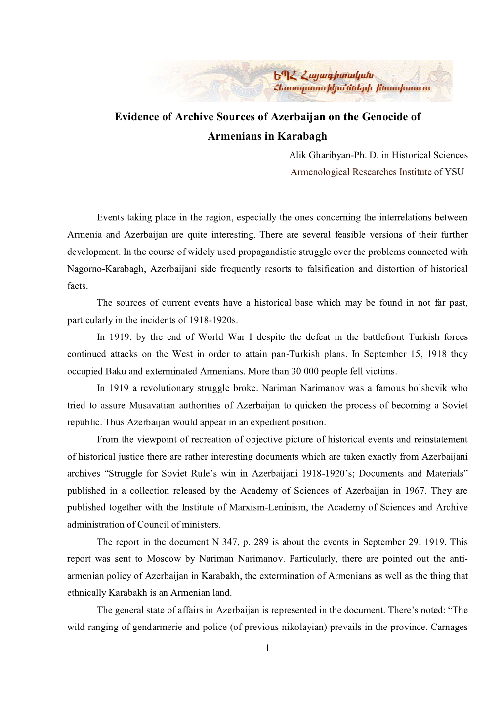 Evidence of Archive Sources of Azerbaijan on the Genocide of Armenians in Karabagh Alik Gharibyan-Ph