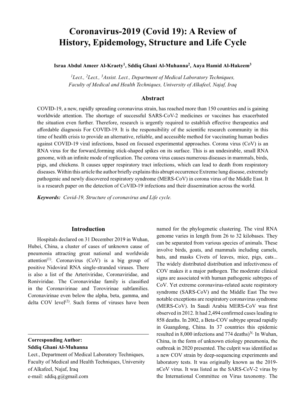 Coronavirus-2019 (Covid 19): a Review of History, Epidemology, Structure and Life Cycle