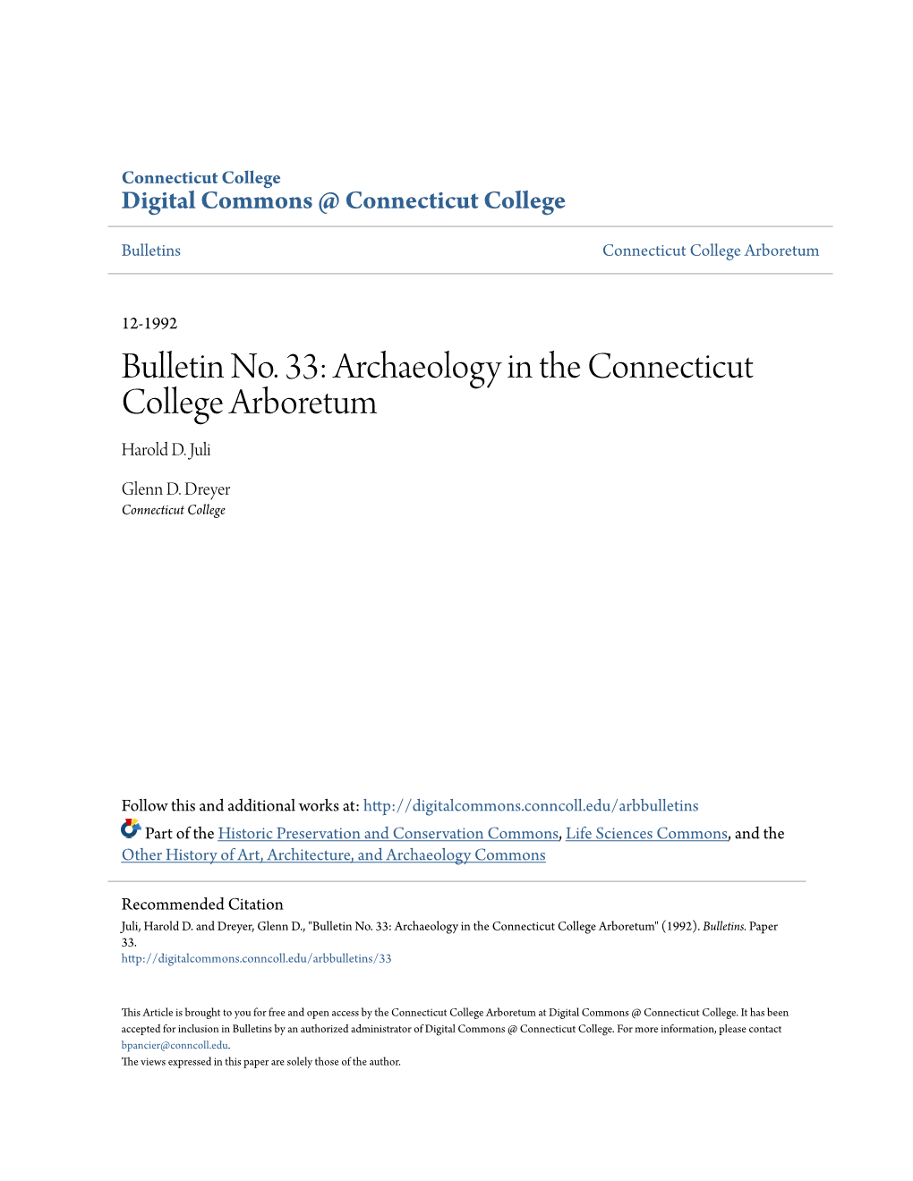 Bulletin No. 33: Archaeology in the Connecticut College Arboretum Harold D