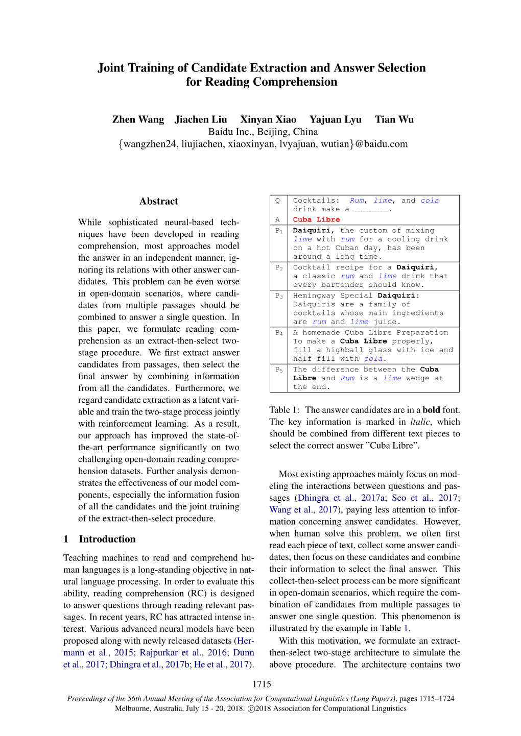 Joint Training of Candidate Extraction and Answer Selection for Reading Comprehension