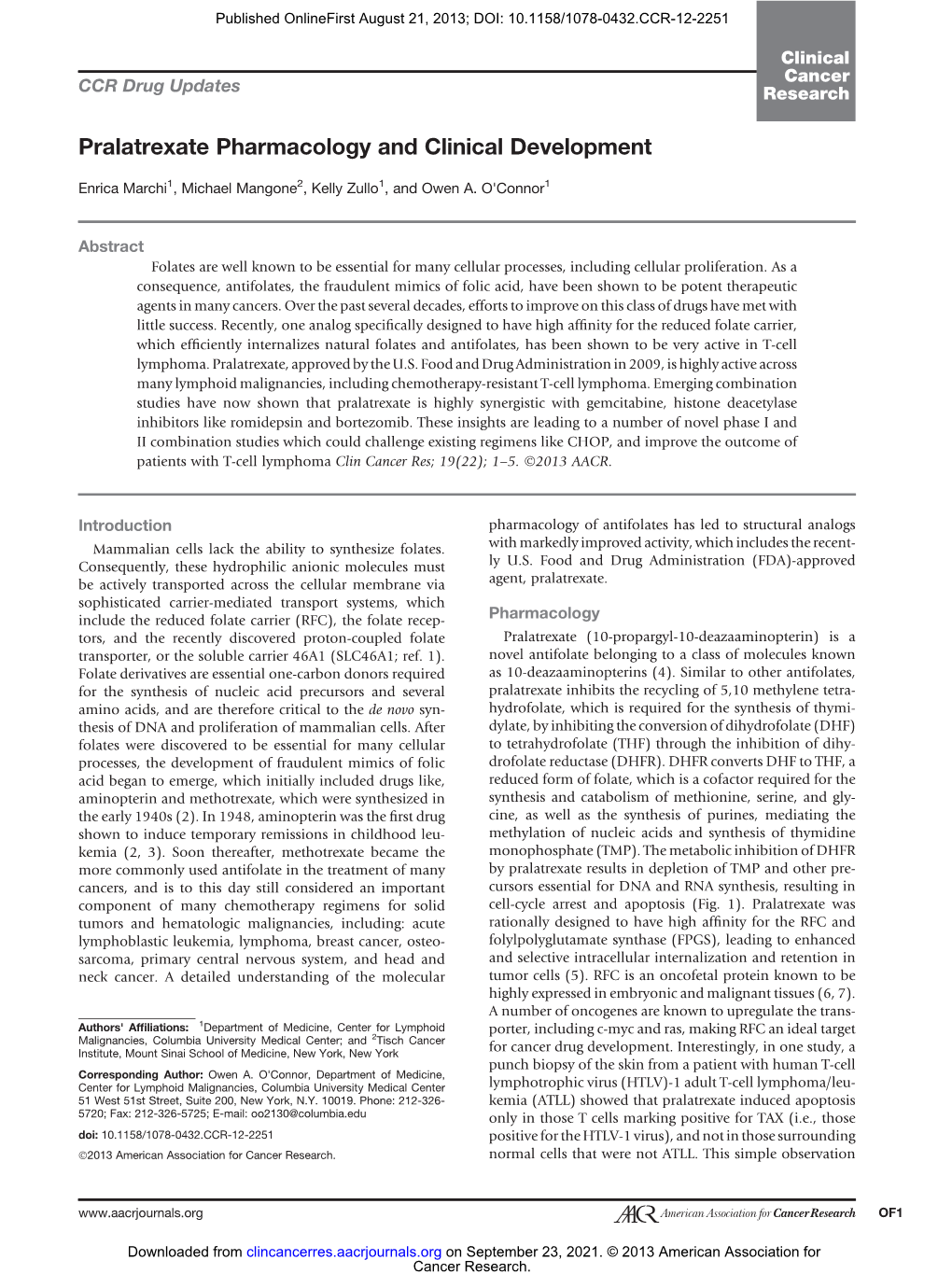 Pralatrexate Pharmacology and Clinical Development