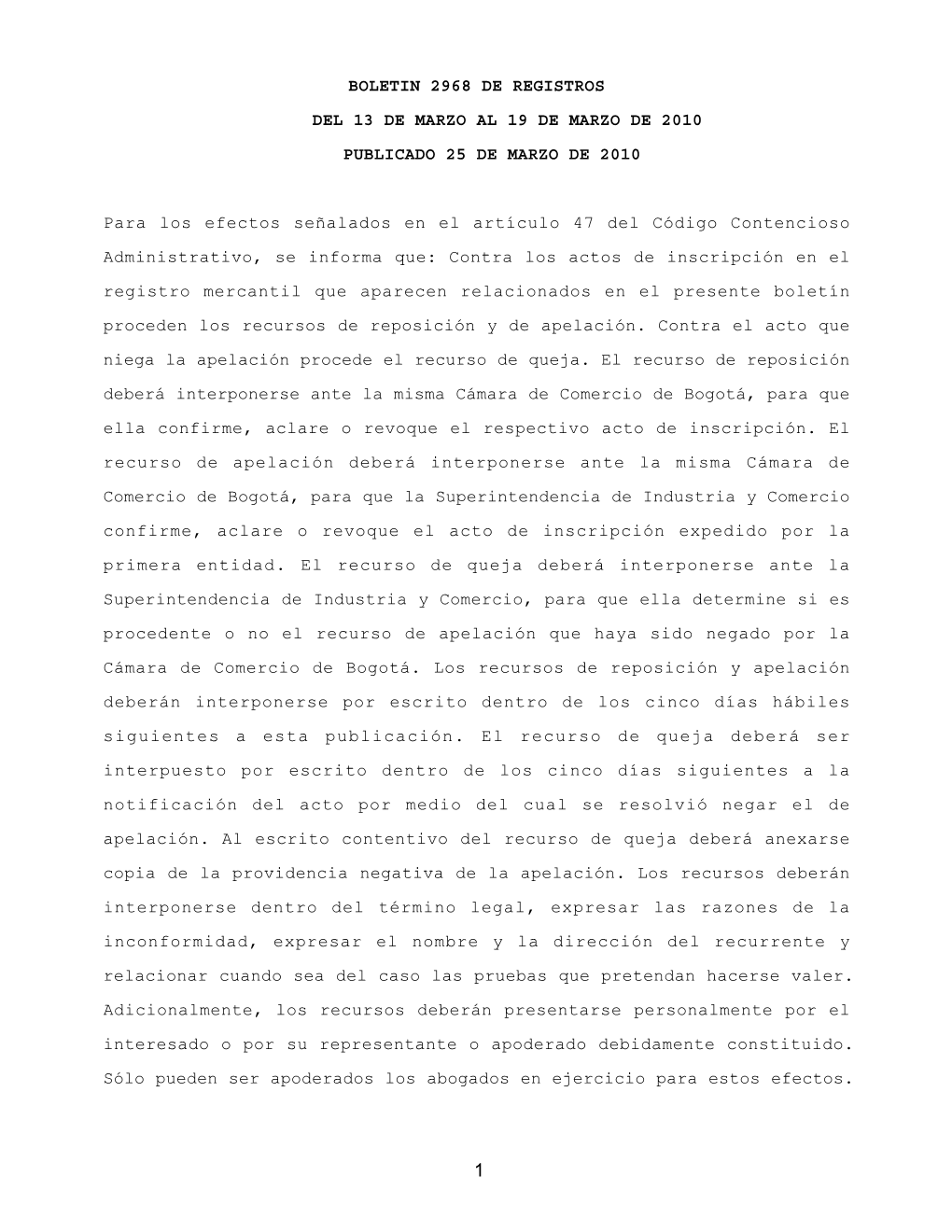 Boletin 2968 De Registros Del 13 De Marzo Al 19 De Marzo De 2010 Publicado 25 De Marzo De 2010