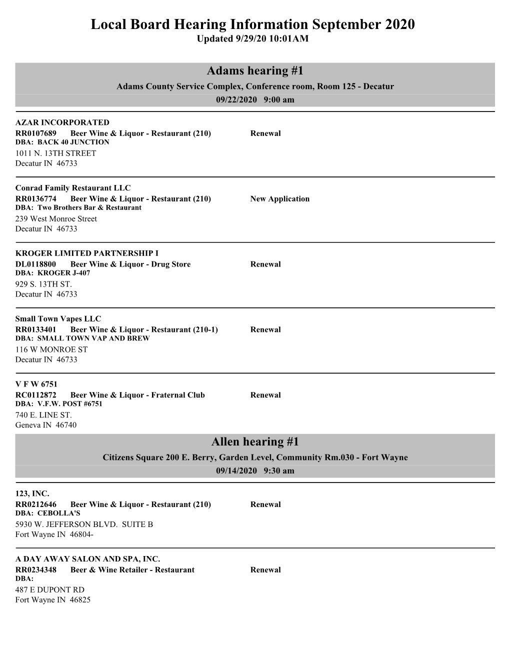 Local Board Hearing Information September 2020 Updated 9/29/20 10:01AM