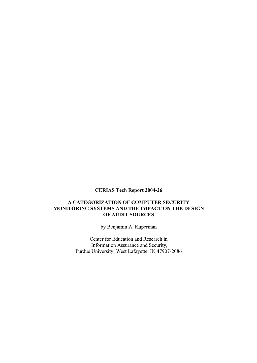 CERIAS Tech Report 2004-26 a CATEGORIZATION OF