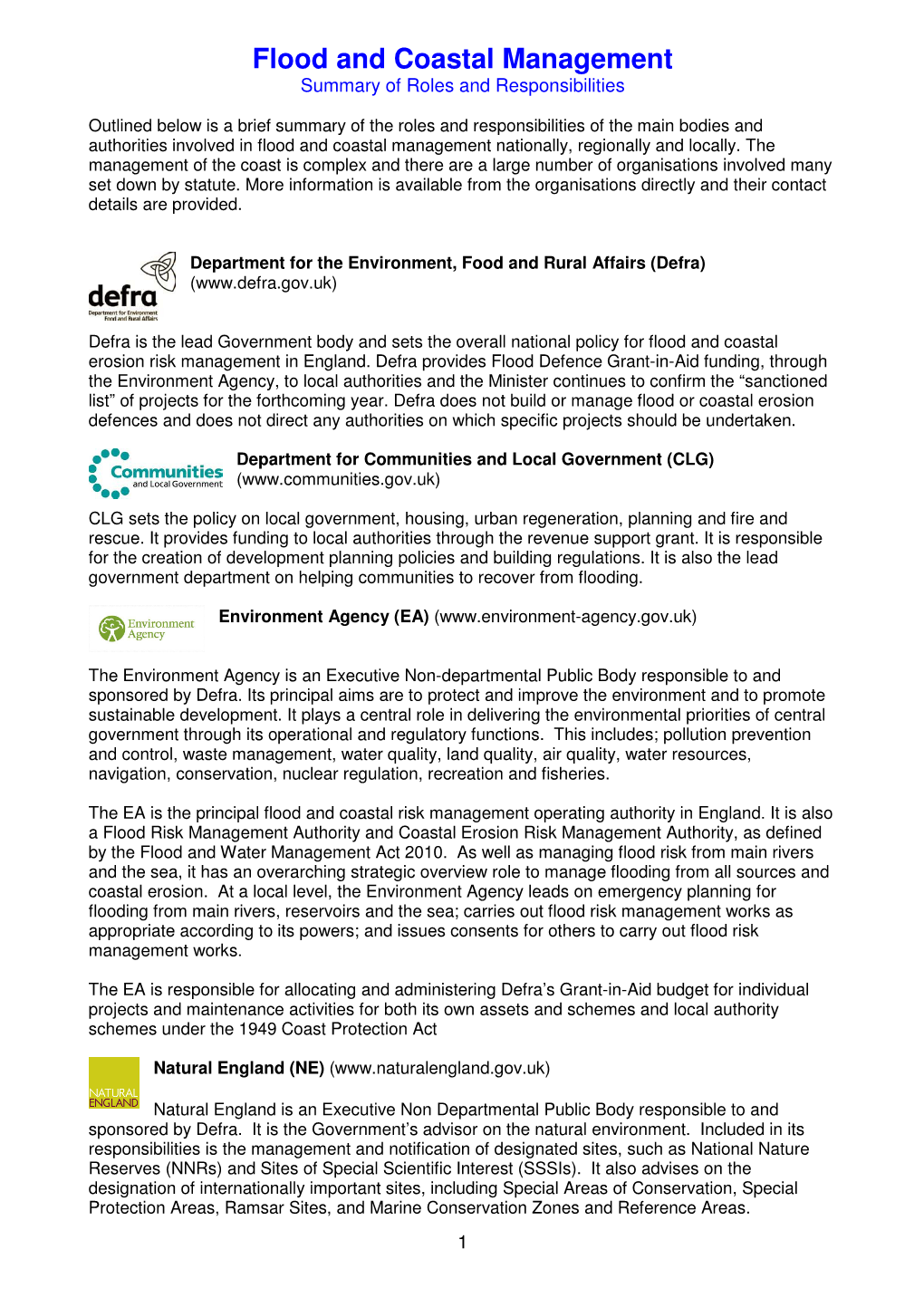 Flood and Coastal Management Summary of Roles and Responsibilities