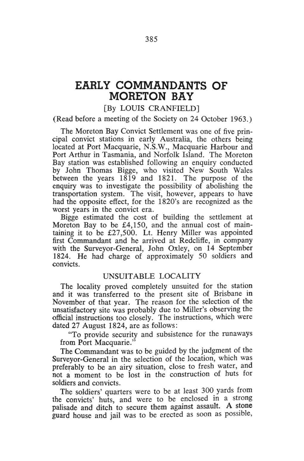 Early Commandants of Moreton