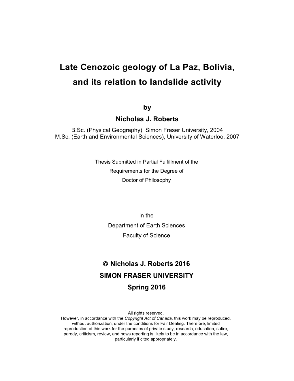 Late Cenozoic Geology of La Paz, Bolivia, and Its Relation to Landslide Activity