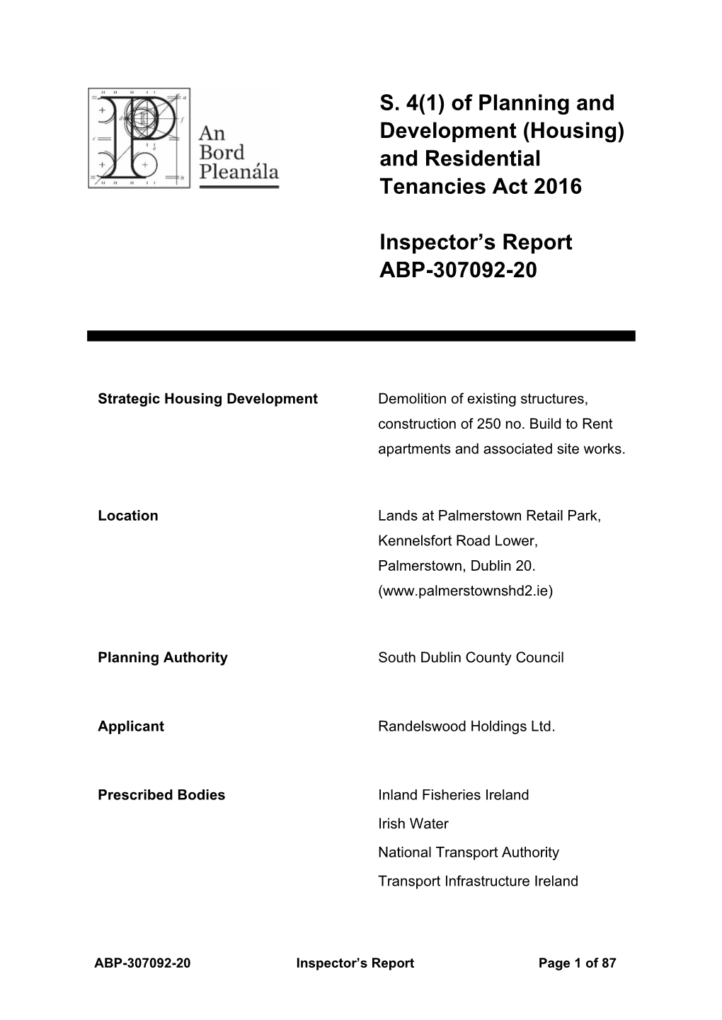 And Residential Tenancies Act 2016 Inspector's Report ABP-307092