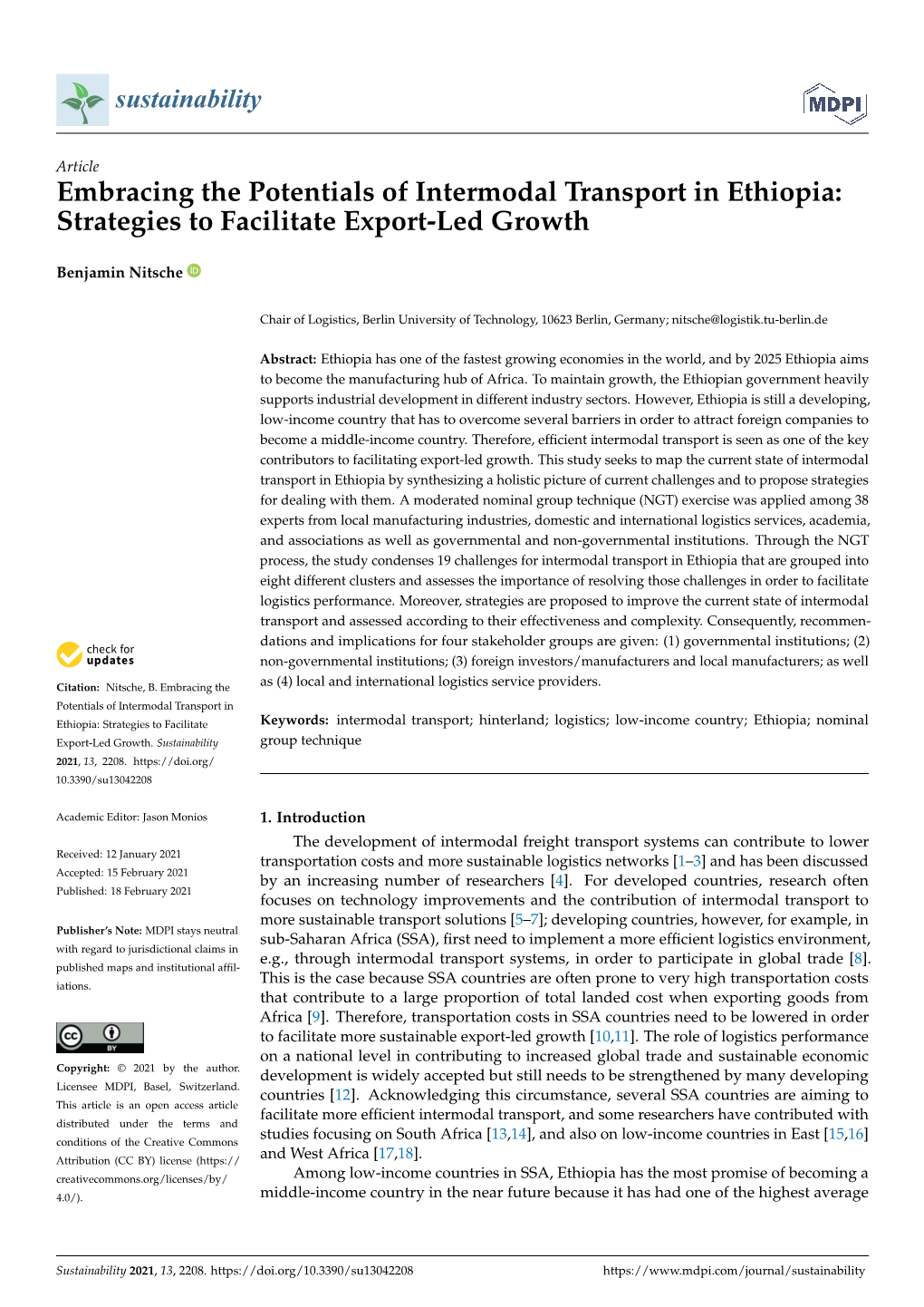 Embracing the Potentials of Intermodal Transport in Ethiopia: Strategies to Facilitate Export-Led Growth