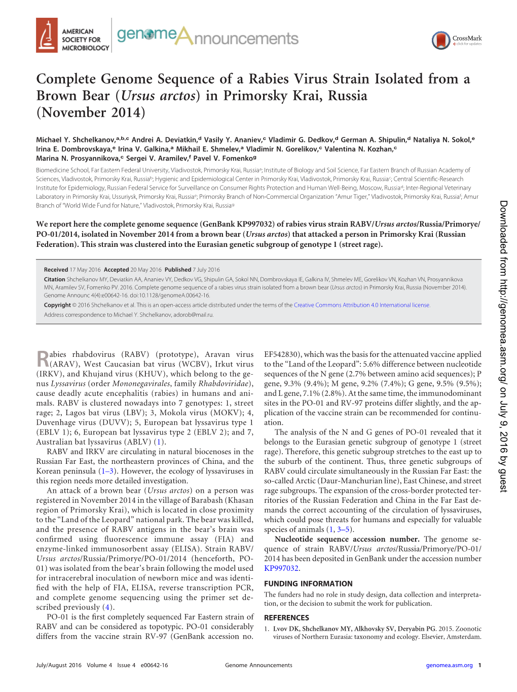 Complete Genome Sequence of a Rabies Virus Strain Isolated from a Brown Bear (Ursus Arctos) in Primorsky Krai, Russia (November 2014)