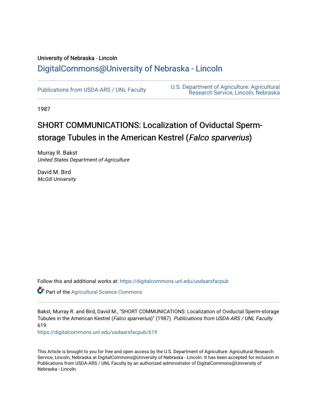 SHORT COMMUNICATIONS: Localization of Oviductal Sperm- Storage Tubules in the American Kestrel (Falco Sparverius)