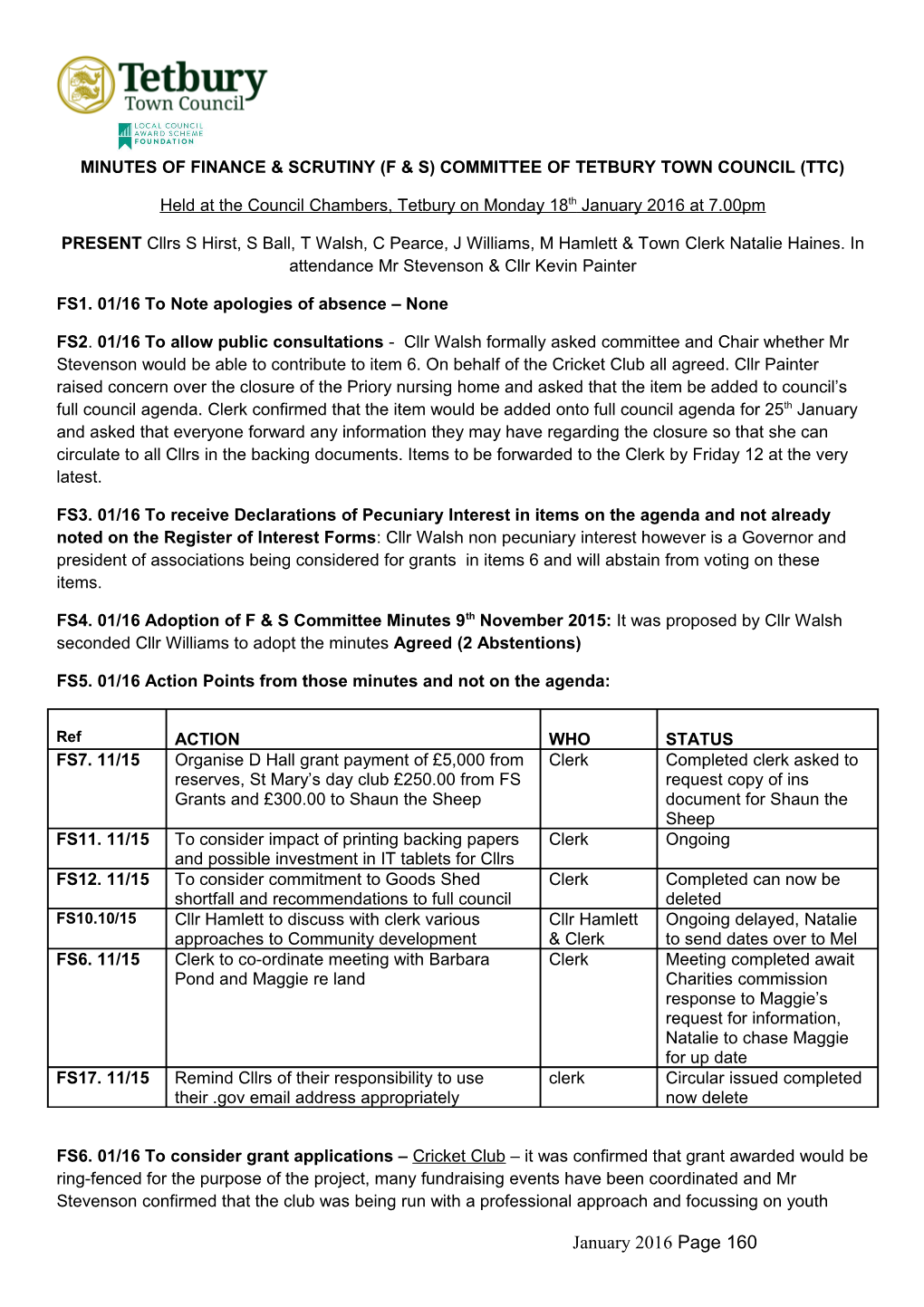 Minutes of Finance & Scrutiny (F & S) Committee of Tetbury Town Council (Ttc)