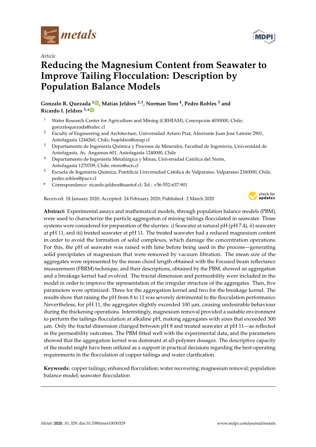 Reducing the Magnesium Content from Seawater to Improve Tailing Flocculation: Description by Population Balance Models