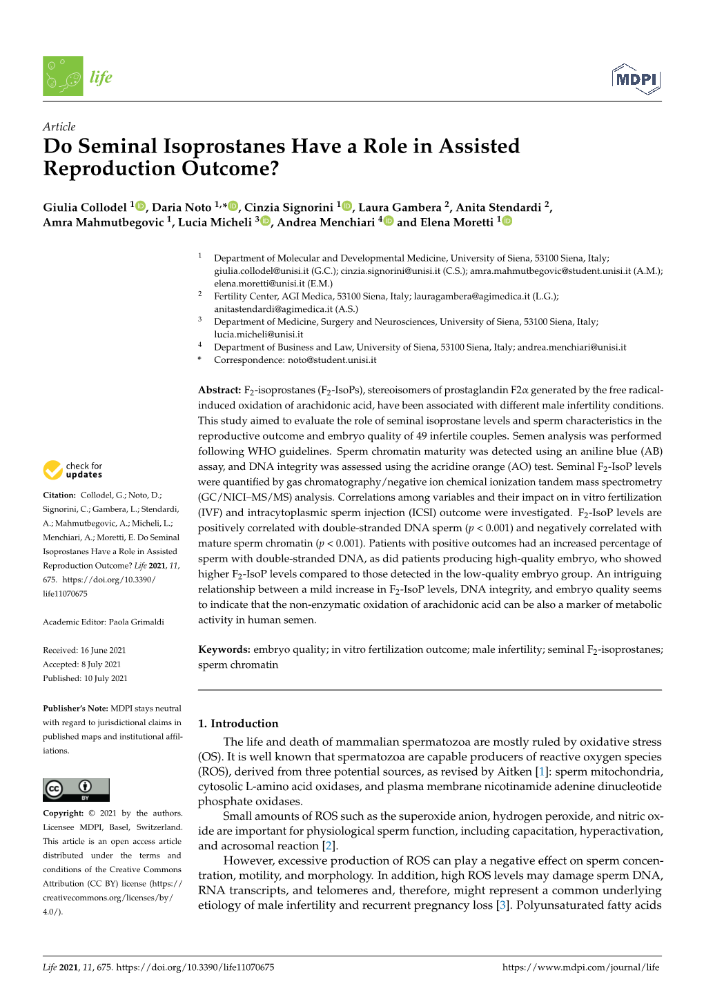 Do Seminal Isoprostanes Have a Role in Assisted Reproduction Outcome?