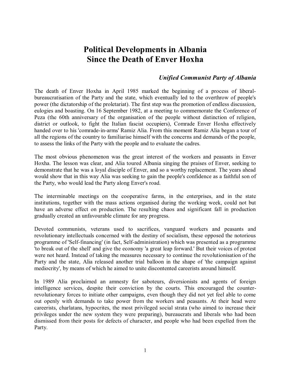 Political Developments in Albania Since the Death of Enver Hoxha