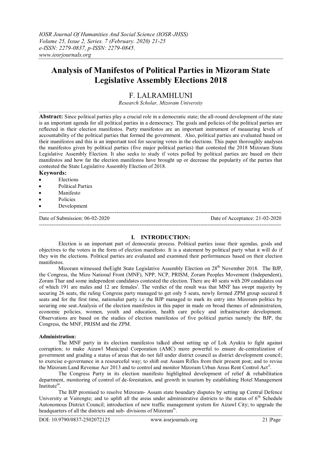 Analysis of Manifestos of Political Parties in Mizoram State Legislative Assembly Elections 2018