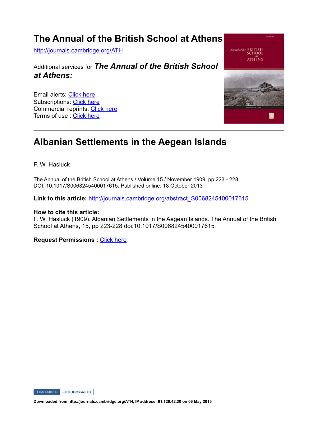 The Annual of the British School at Athens Albanian Settlements in The