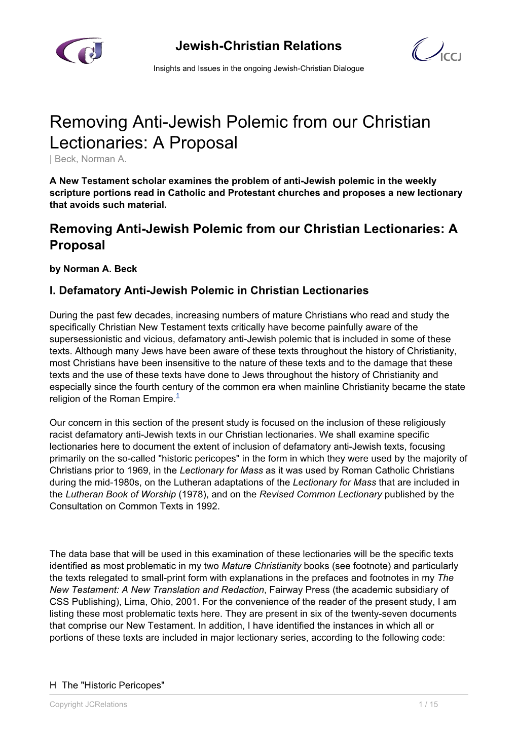 Removing Anti-Jewish Polemic from Our Christian Lectionaries: a Proposal | Beck, Norman A