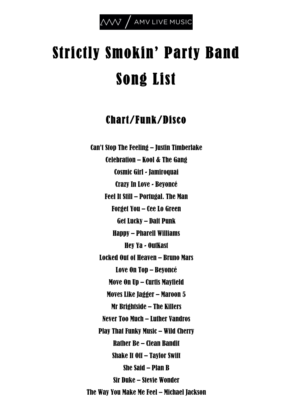 Strictly Smokin' Party Band Song List